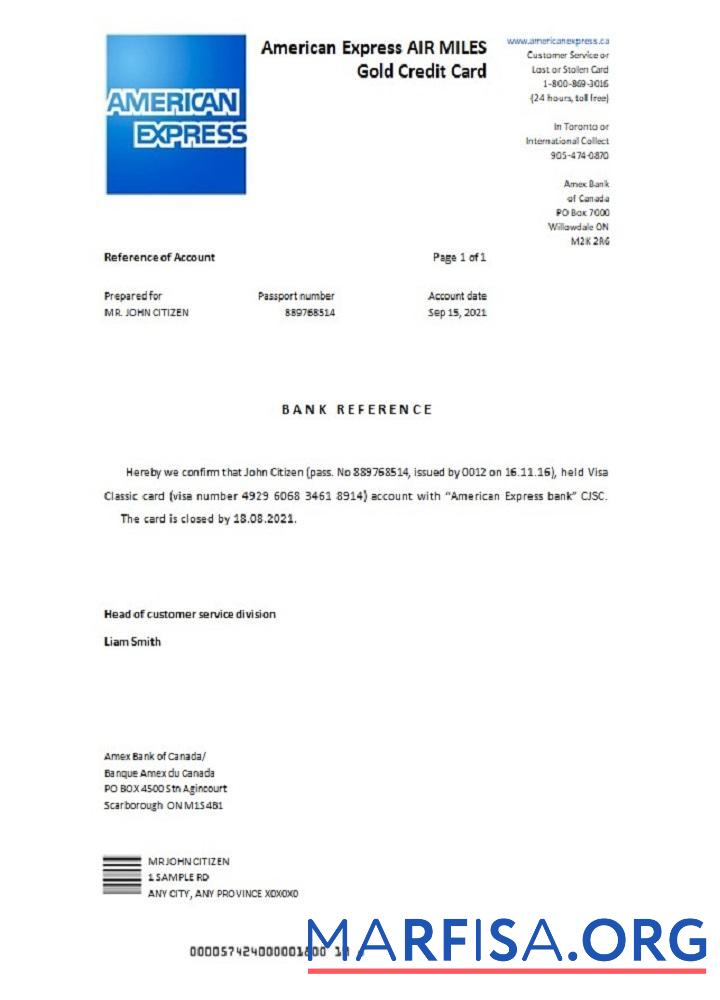 Downloadable Canada American Express Air Miles Gold Credit Card closure reference sample